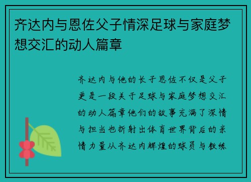 齐达内与恩佐父子情深足球与家庭梦想交汇的动人篇章 齐达内与恩佐父子情深足球与家庭梦想交汇的动人篇章